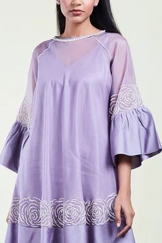 Shop for Sue Mue Purple Organza Chanderi Cotton Dress for Women Online at Aza Fashions Festive Summer Dress With Cape Sleeves, Spring Festive Dress With Cape Sleeves, Elegant Festive Dresses With Embroidered Hem, Elegant Bell Sleeve Embroidered Dresses, Elegant Embroidered Bell Sleeve Dress, Festive Floral Embroidered Dress With Cape Sleeves, Embroidered Summer Dresses With Cape Sleeves, Embroidered Summer Dress With Cape Sleeves, Festive Dress With Floral Embroidery And Cape Sleeves