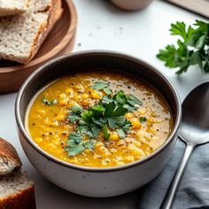 a bowl of soup with bread and parsley on the side, next to it