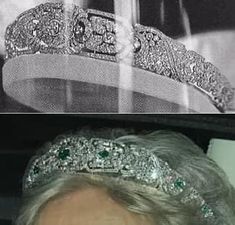 an older woman wearing a tiara next to another photo of the same tiara