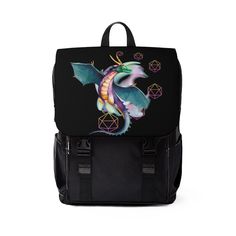 Majestic watercolored dragon framed by colorful D20 dice outlines in semi-circle form. Great style for all your adventures to come. This canvas backpack has multiple pockets and great space for your laptop ( View product details below ) and any other items needed for all your adventures.  Great gift for any DnD Player.  Product Details: Casual backpack in a classic shape with a front flap design. It is made of durable Oxford canvas. It has two slip interior pockets and one laptop sleeve in the m Multicolor Rectangular Backpack As Gift, Multicolor Rectangular Backpack For Gift, Dice Gifts, D20 Dice, Shoulder Backpack, Dice Bag, Canvas Backpack, Laptop Pocket, Designer Backpacks