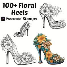 four high heeled shoes with flowers on them and the words, 100 floral heels