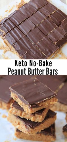 chocolate peanut butter bars stacked on top of each other with the words keto no - bake peanut butter bars