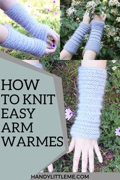 two hands wearing knitted arm warmers with text overlay saying how to knit easy arm warmers