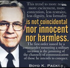 a man in glasses and a suit with a quote on it that says, is not confidental nor innocent nor harmless