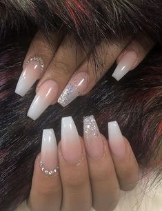 Nails Acrylic With A J, Coffin Style Wedding Nails, Nails Acrylic White With Glitter, White Ombre With Rhinestones, V French Tip Nails Coffin Glitter, Ombre French Tip Nails With Design, Glittery Nails Acrylic Coffin, All Silver Nails, Birthday Acrylic Nails Coffin Medium