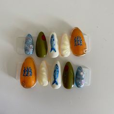 tinned fish inspired mediterranean nails Mediterranean Nails, Fish Nail Art, European Summer Vacation, Fish Nails, Olive Nails, Nail Vibes, Tinned Fish, Classy Acrylic Nails, Vacation Nails