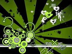 an abstract green background with black and white swirls, hearts, and arrows in the center