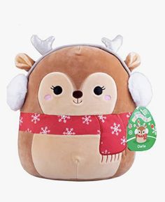 a brown stuffed animal with reindeer antlers on it's head