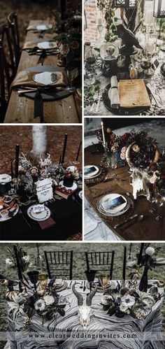 the table is set with black and white plates, silverware, flowers and candles