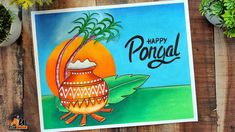 a card with an image of a potted plant and the words happy pongal on it