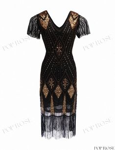 Sequin Vintage Dress, Sparkling Evening Performance Attire Festive Black Sequined Dress, Gold V-neck Dress For Festive Occasions, Gold Festive Evening Dress, Gold Knee-length Dress For Party Season, Vintage Gold Dress For Party Season, Vintage Gold Dress For Festive Occasion, Glamorous Black Festive Dress, Gold Vintage Dress For Festive Occasions, Glamorous Gold Short Sleeve Dress