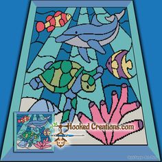 an image of a fish and sea life stained glass window with the words hooked creations on it