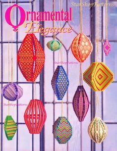 the front cover of an ornament magazine with many colorful ornaments hanging from it