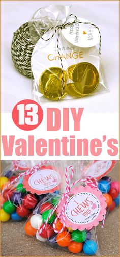 some candy bags with candies in them and the words 13 diy valentine's