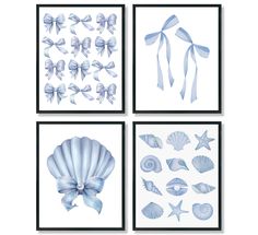 four framed pictures with seashells, ribbons and bows in blue on white background