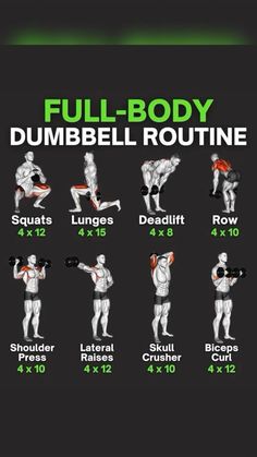 the full body dumbbell routine is shown in this graphic style, with instructions for how to