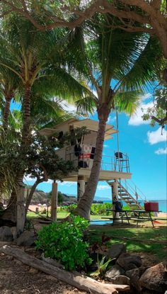 the lifeguard tower is surrounded by palm trees and other greenery, with people on it