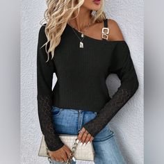 This Is A Really Cute, Unique Top With Asymmetrical Neck And Laced Sleeves. Comes In Different Sizes And 3 Colors, Black, Dust Storm And Green Which You Can Choose Before Purchasing. Allow 5-7 Business Days For Shipping Since It Is A Preorder Price Is Firm Features: Basic Style Sheer: Opaque Stretch: Slightly Stretchy Material Composition: 95% Polyester, 5% Elastane Care Instructions: Machine Wash Cold. Tumble Dry Low. Imported Product Measurements: S:Top Length 24.41 In, Bust 37.40 In, Sleeve L Black Asymmetrical Top For Fall, Casual Asymmetrical Knit Top, Casual Asymmetrical Knit Top For Fall, Black Crew Neck Knit Top For Party, Dust Storm, Unique Top, Basic Style, Stretchy Material, Lace Detail