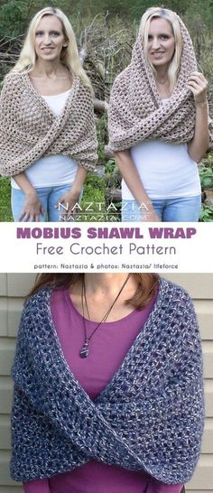 a woman wearing a shawl with the text mobius shawl wrap free crochet pattern