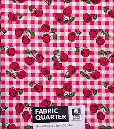 the fabric is pink and white with cherries on checkerboard pattern, which has green leaves