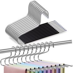 a bunch of metal clothes hangers with different colors and designs on each one side