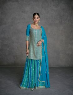 Turquoise Colour Sharara Suit - Shop Partywear Sharara Online Blue Indian Suit, Georgette Sharara, Celana Fashion, Kameez Designs, Party Kleidung