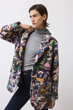 This colorful jacquard coat is a vibrant statement piece, featuring intricate woven patterns that add depth and texture. Its bold design and eye-catching hues make it a standout layer for any outfit. Oversized fit Shawl lapel Button closure in front Long sleeves Multicolor Jacquard Knit Fall Cardigan, Fall Multicolor Jacquard Knit Cardigan, Cozy Long Sleeve Jacquard Knit Outerwear, Winter Multicolor Jacquard Knit Cardigan, Multicolor Jacquard Knit Winter Outerwear, Cocoon Coat, Fall Lookbook, Green Coat, Green And Purple