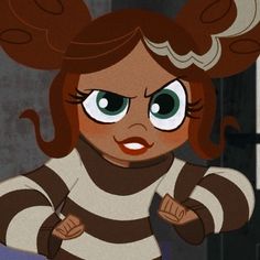 a cartoon character with big eyes and brown hair, wearing a striped shirt while looking at the camera