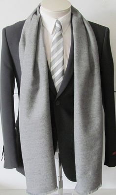 Handsome  scarf with fine tassels.Scarf measures 12 inches wide by 70 inches long Classic Business Scarves For Fall, Classic Fall Business Scarves, Elegant Wool Scarves For Formal Occasions, Formal Wool Scarves For Winter, Classic Formal Scarves For Winter, Elegant Gray Scarves For Fall, Classic Formal Winter Scarves, Elegant Gray Shawl For Winter, Classic Solid Color Formal Scarves