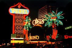 neon signs and palm trees are lit up in front of the casino's entrance