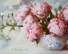 a painting of pink flowers in a blue and white vase