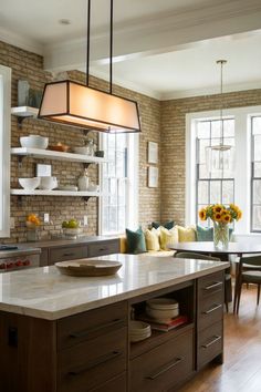 A kitchen with a brick backsplash, open shelving, and a modern industrial design. Kitchen With Open Shelving, Shelving Ideas, Backsplash Ideas, Dining Nook