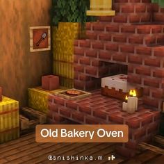 an old bakery oven with candles on the counter and brick walls in front of it