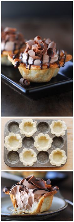 there are many desserts in the pan and one is filled with chocolate icing