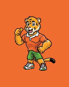 a cartoon tiger with an orange shirt and green shorts, standing in front of an orange background