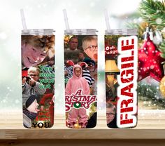 three personalized tumbles with christmas pictures on them