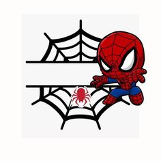 a spiderman sitting on top of a table next to a spider web sign with the word