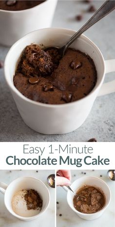 chocolate mug cake in a white bowl with two spoons on the side and three pictures showing how to make it