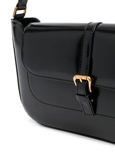 Black leather/cotton Miranda shoulder bag from BY FAR featuring single shoulder strap, foldover top with magnetic fastening, decorative buckle detail, main compartment, internal slip pocket, internal logo patch and gold-tone hardware. | BY FAR Miranda shoulder bag