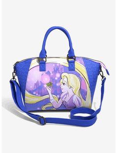 Rapunzel and Pascal are ready to accompany you on your trip to Corona! This Tangled satchel bag is perfect for carrying all of your traveling essentials. Don't forget the frying pan! This purple satchel features a dreamy illustration of Rapunzel gazing into Pascal's eyes, with lanterns and Corona Castle behind them. 11'' x 4'' x 10'' Faux Leather Adjustable & removable strap Interior drop pocketdisneybound, disney bound, disney bounding, disneybounding Rapunzel And Pascal, Dreamy Illustration, Rapunzel Pascal, Traveling Essentials, Loungefly Hello Kitty, Tangled Rapunzel, Loungefly Bag, Disney Handbags, Disney Tangled