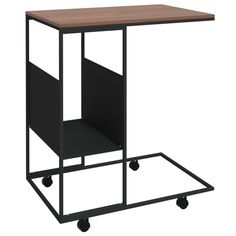 a black cart with wheels and a wooden table top on one side, against a white background