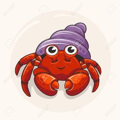 a cartoon crab with a hat on its head and eyes, sitting in front of a white