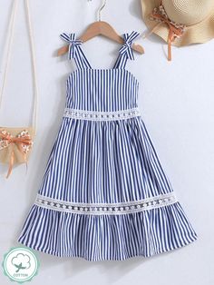 Multicolor Boho Collar Sleeveless Woven Fabric Colorblock,Striped Cami Embellished Non-Stretch  Young Girls Clothing High Waist Pants Pattern, Embroidery Floral Designs, Kids Summer Dresses, Baby Summer Dresses, Dress With Embroidery