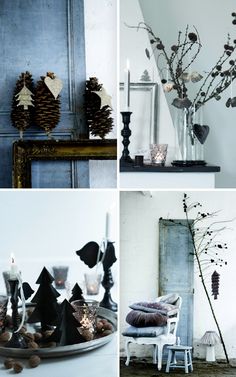 four different photographs of pine cones and branches in vases, candlesticks and other decorative items