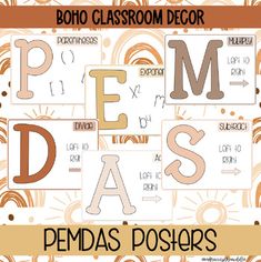 a poster with the words pedas posters in different colors and styles, including letters