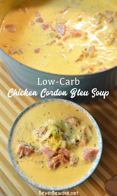 low - carb chicken cordon bleu soup with ham and cheese in a bowl