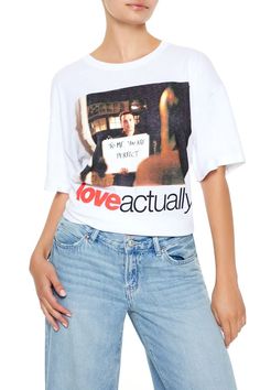 Jersey knit tee featuring crew neck, front "Love Actually" text, movie scene graphic, dropped short sleeves, and oversized fit. | Officially licensed product | 100% cotton | Machine wash cold | Model is 5'8" and wearing S/M | Love Actually Graphic T - Shirt M Love, Love Actually, You Are Perfect, Knit Tees, Movie Scenes, Knit Jersey, Graphic T Shirt, Graphic Tshirt, Short Sleeves