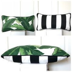 three pillows with black and white stripes on them, one in the shape of a palm leaf