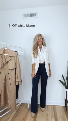 White Work Outfits Women, White Blazer Work Outfits Women, White Dress Pants Outfit Business, Smart Casual Work Outfit Jeans, White Blazer Work Outfit, Khaki Slacks Outfit Women, Wide Leg Work Outfit, Spring Corporate Work Outfits, White Pants Work Outfit