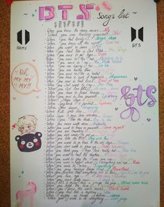 a poster with writing on it that says bt's songs list and other words